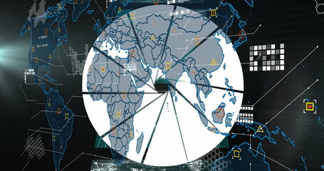 Image of data processing over world map against multiple screens with data processing