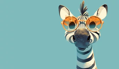 Fotobehang A cute zebra wearing colorful sunglasses against an isolated pastel blue background, creating a whimsical and playful scene with the animal's distinctive stripes.  © Photo And Art Panda