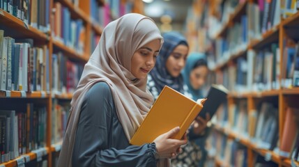 Friends,  all Middle Eastern women wearing hijab,  browsing books at a bookstore