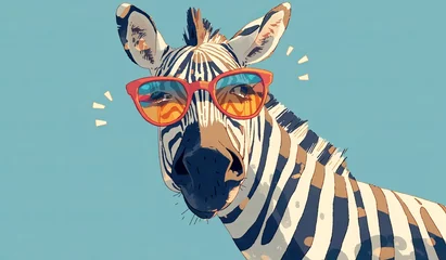 Tuinposter A cute zebra wearing colorful sunglasses against an isolated pastel blue background, creating a whimsical and playful scene with the animal's distinctive stripes. © Photo And Art Panda