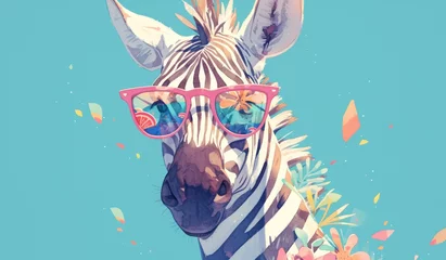 Foto auf Acrylglas Antireflex A cute zebra wearing colorful sunglasses against an isolated pastel blue background, creating a whimsical and playful scene with the animal's distinctive stripes.  © Photo And Art Panda