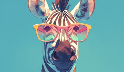 A cute zebra wearing colorful sunglasses against an isolated pastel blue background, creating a whimsical and playful scene with the animal's distinctive stripes.