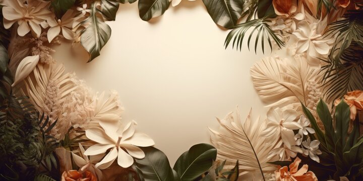 Tan frame background, tropical leaves and plants around the tan rectangle in the middle of the photo with space for text