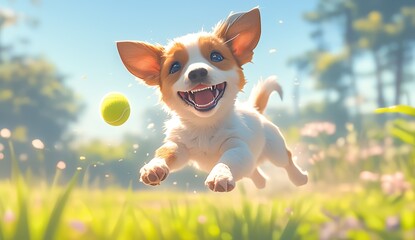 A dog jumping to catch a tennis ball - obrazy, fototapety, plakaty