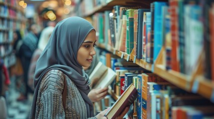 Friends,  all Middle Eastern women wearing hijab,  browsing books at a bookstore