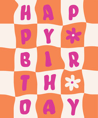 Pink happy birthday text on a background of orange and beige squares, Story template, banner, greeting card and invitation