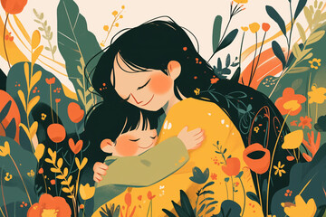 A mother holding a child with flowers around the mother's Day warm illustration
