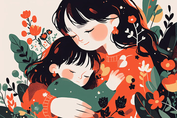 A mother holding a child with flowers around the mother's Day warm illustration
