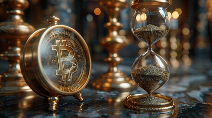 Hyper-realistic 3D render of sand clocks with Bitcoin on a table, symbolizing the passage of time in digital currency investment - obrazy, fototapety, plakaty
