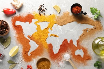 World map of different spices and products on light grey marble table, flat lay