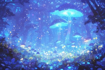Fototapeta na wymiar A glowing mushroom forest with bioluminescent mushrooms