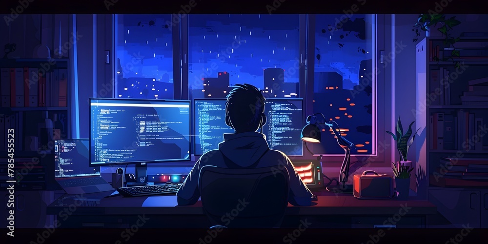Aufkleber programmer setting up their workspace with live code running and panoramic city skyline view at nigh