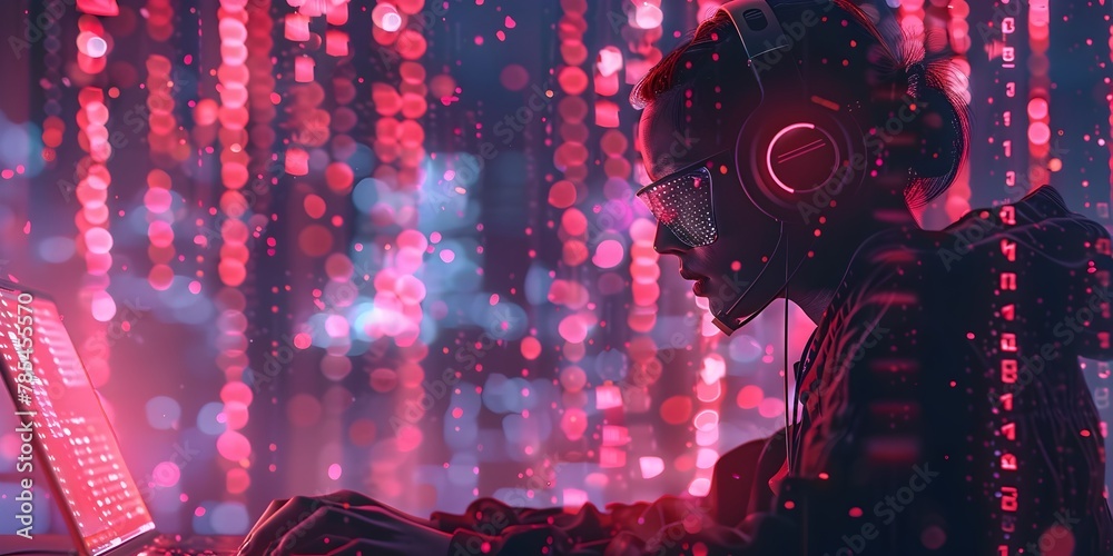 Poster futuristic hacker communicating through digital morse code interface in glowing environment with neo