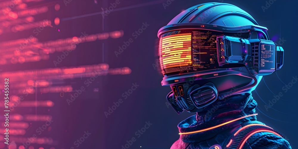 Poster cybernetic algorithm warrior wearing futuristic helmet for dangerous coding mission