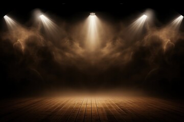 Tan stage background, tan spotlight light effects, dark atmosphere, smoke and mist, simple stage background, stage lighting, spotlights - obrazy, fototapety, plakaty