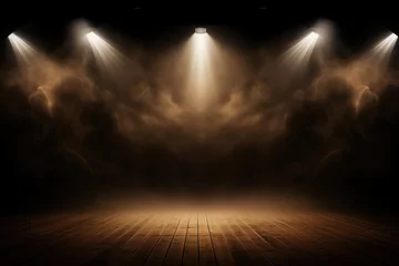 Fotobehang Tan stage background, tan spotlight light effects, dark atmosphere, smoke and mist, simple stage background, stage lighting, spotlights © GalleryGlider