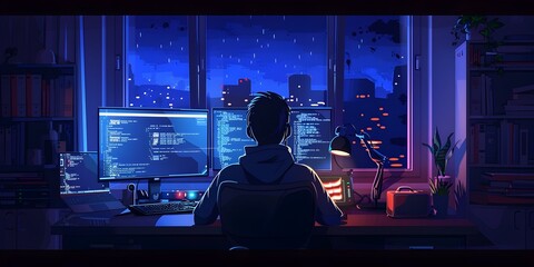 Programmer Setting Up Their Workspace with Live Code Running and Panoramic City Skyline View at Night