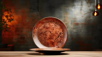 empty brown ceramic plate on a dark concrete UHD Wallpaper
