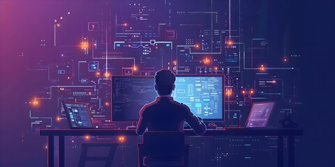 Programmer Character Conversing with Gadgets in Futuristic Workspace