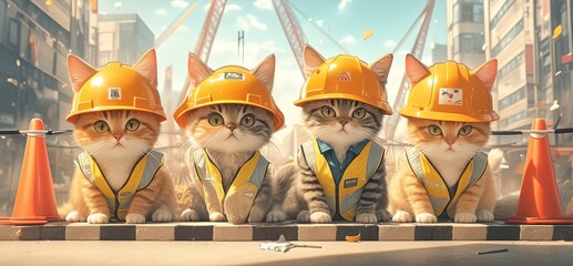 A group of kittens wearing construction hats and safety vests, standing in front of the camera on an empty street under construction.