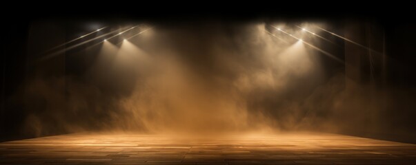 Tan stage background, tan spotlight light effects, dark atmosphere, smoke and mist, simple stage background, stage lighting, spotlights