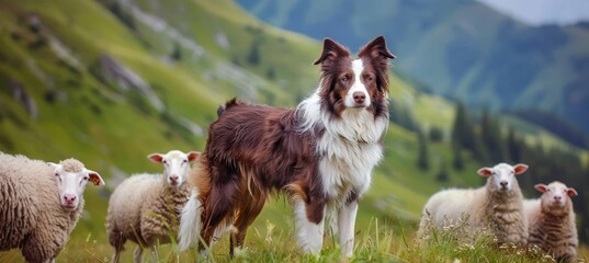 Border collie puppy herding sheep in green pasture, showing intelligence as diligent working dog - obrazy, fototapety, plakaty