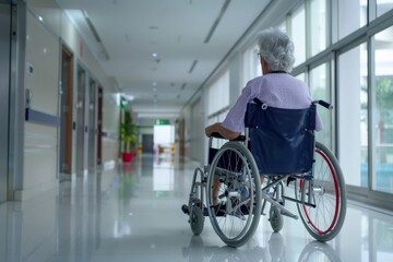 Fototapeta na wymiar Woman in Wheelchair Walking Down Hallway