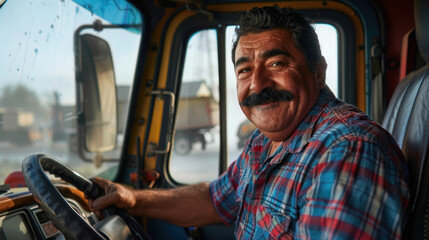 cheerful truck driver in plaid shirt at the wheel, practical interior, daytime travel, banner