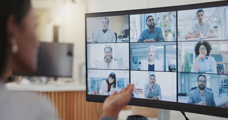 Business people, video conference and team on screen for online presentation, discussion and wave...