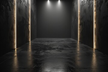 Fototapeta premium An empty underground black room like tunnel with bare walls and lighting metro