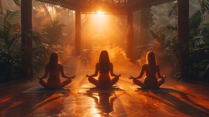 A group of young girls practicing yoga in the sunlight perform Padmasana exercises, lotus position - obrazy, fototapety, plakaty