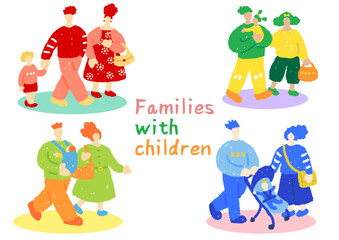 子どもがいる家族のカラフルな手描きフラットイラストセット