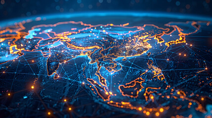 a detailed digital map of Asia showcasing glowing digital connections between countries symbolizing the continent's extensive network and global connectivity with copy space