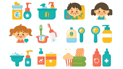 Kids health and hygiene flat vector icons. Vector 