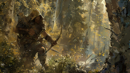 Rugged warrior preparing an ambush fantasy  - obrazy, fototapety, plakaty