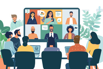 Flat vector illustration of diverse business people using video conferencing for online meetings, remote work collaboration, distance learning and training. Modern technology and communication concept