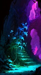 Anime blue , green and purple cave