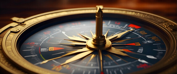 Naklejka premium Close-up of an exquisitely crafted vintage compass, showcasing intricate details, sitting atop a polished wooden surface