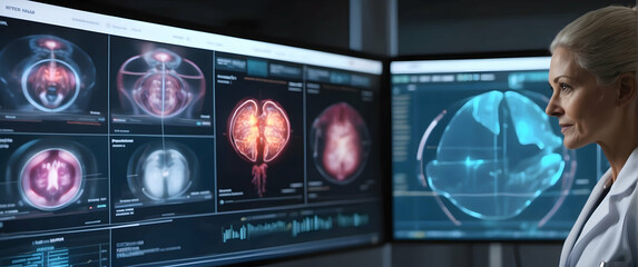 Advanced medical imaging technology displays brain scans in a modern diagnostic setting, emphasizing precision and care