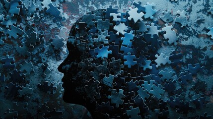 Obraz premium Human head profile with jigsaw puzzles. Mental health, brain problem, personality disorder, cognitive psychology and psychotherapy, problem-solving, thinking, self-discovery concept background