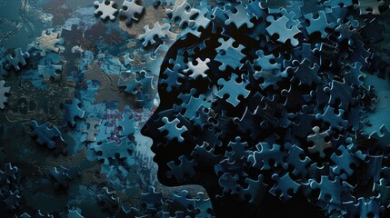 Fototapeta premium Human head profile with jigsaw puzzles. Mental health, brain problem, personality disorder, cognitive psychology and psychotherapy, problem-solving, thinking, self-discovery concept background