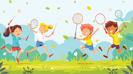 Obraz na płótnie Canvas Kids playing badminton outdoor on the grass. Modern 