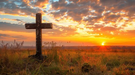 Symbolic easter concept  empty tomb stone with cross on meadow at sunrise, religious symbolism