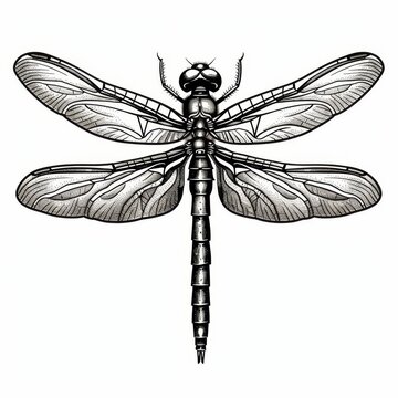 A black and white line drawing of a dragonfly with its wings spread.