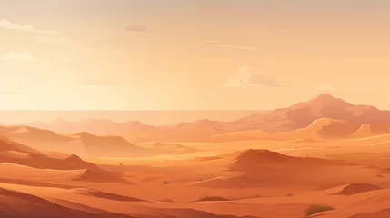 Photo sur Plexiglas Brique Vast desert landscape bathed in fiery orange hues as the sun dips below sand dunes.