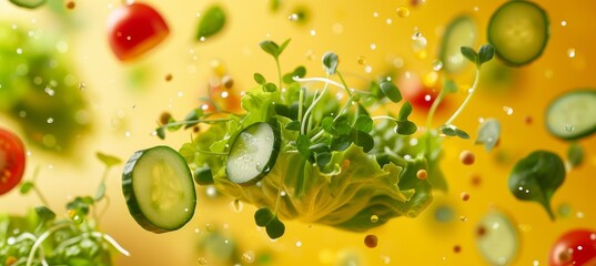 Fresh salad ingredients on yellow background  lettuce, tomato, spinach, cucumber, and sprouts