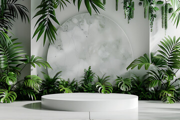 Contemporary Gray Podium Stage Rack, circle shape, front view focus with Green Stone and Tropical Leaves Background, perfect, very realistic