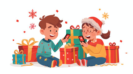 Obraz na płótnie Canvas Kids unwrapping cellphone holiday presents Christmas
