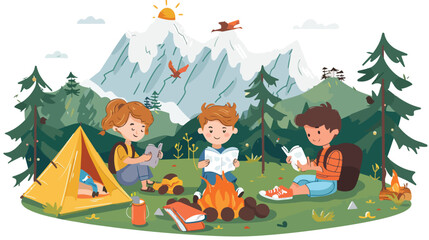 Obraz na płótnie Canvas Kindergarten kids camping in the forest near big mountain