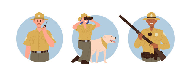 Forest rangers male and female cartoon characters on guard isolated set of round composition